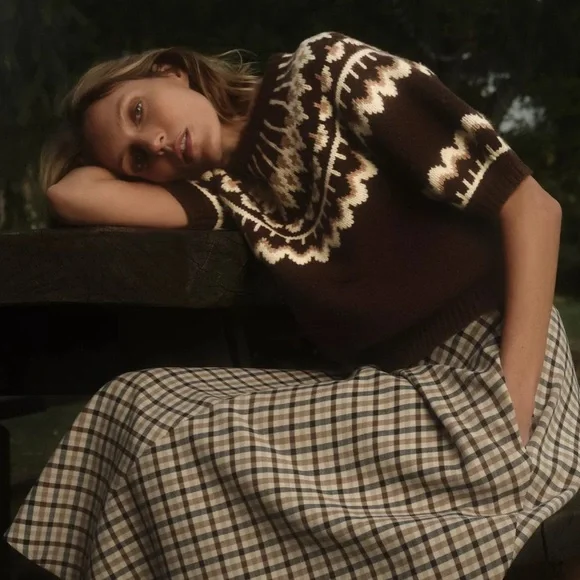 Zara Chocolate and Cream SHORT SLEEVE JACQUARD KNIT SWEATER fair isle sz small - Picture 4 of 8